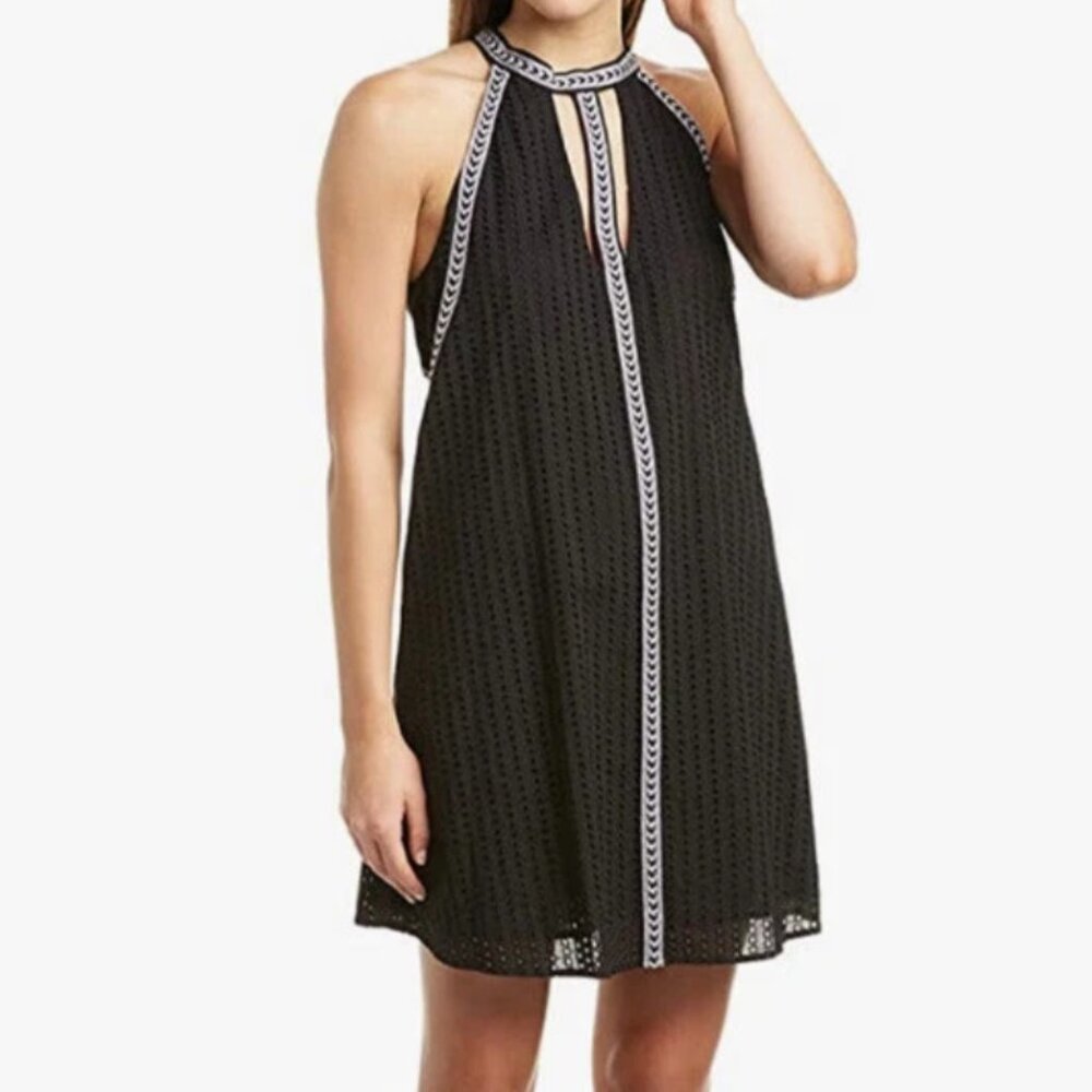 NWT BCBGMaxAzria Women's Striped Eyelet Halter Dress, Black Size XS